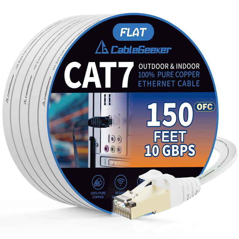 CableGeeker Cat7 Shielded Ethernet Cable 150ft (Highest Speed Cable) Flat Ethernet Patch Cable Support Cat5/Cat6 Network,600Mhz,10Gbps - White Computer Cord + Free Clips and Straps for Router Xbox - Image 1